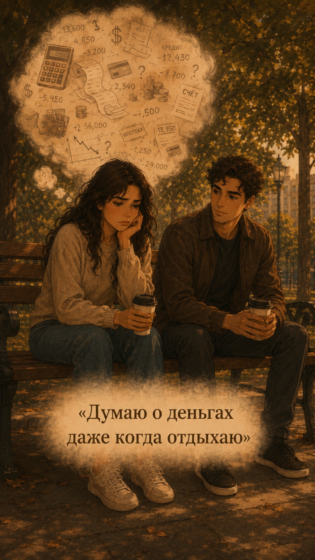девушка грустит, в голове мысли о деньгах, опускает голову сильнее, мысли тяжелые. заголовок сохр...