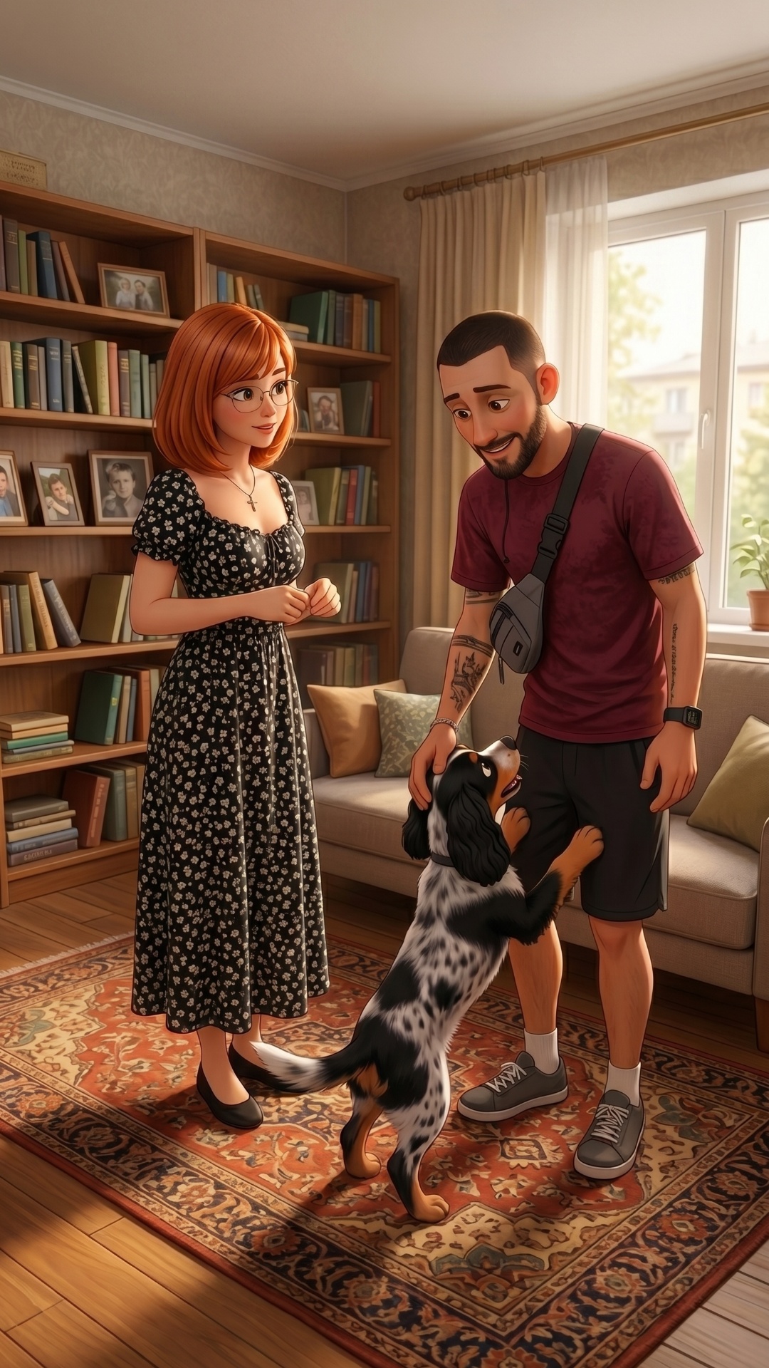 Pixar-quality 3D animation, vertical 9:16, cozy apartment interior, warm evening lighting, comedy...