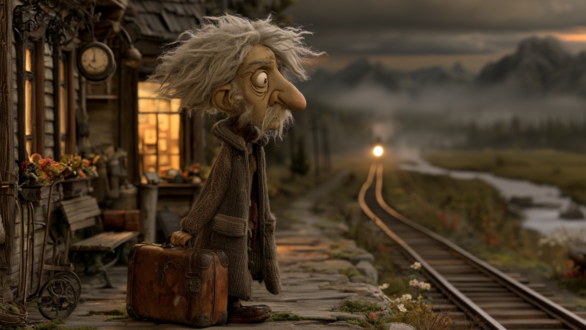 The elderly traveler remains standing on the platform holding the worn suitcase exactly as shown....