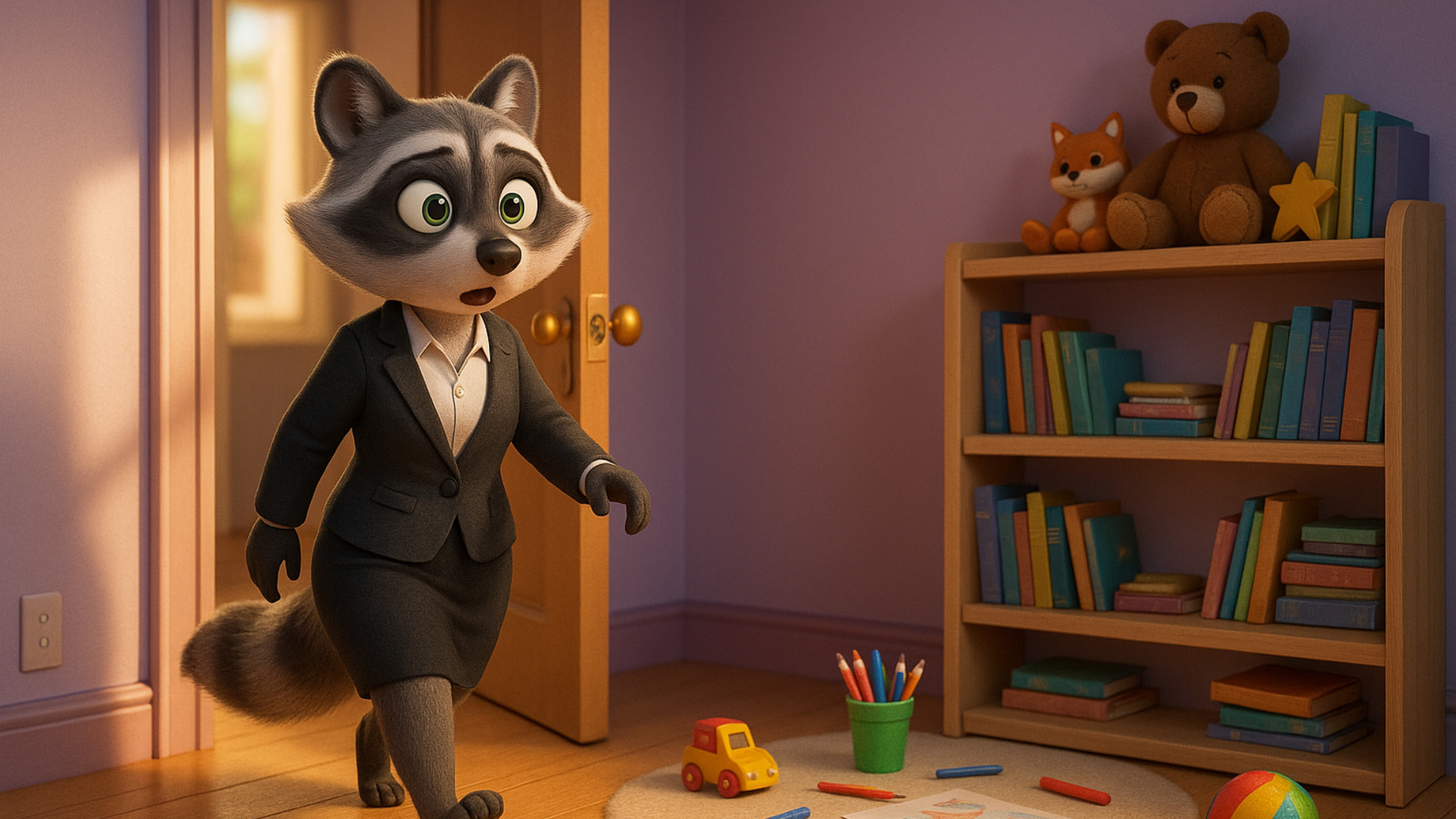 anthro raccoon mother is walking into a cleaned room surprised and in awe