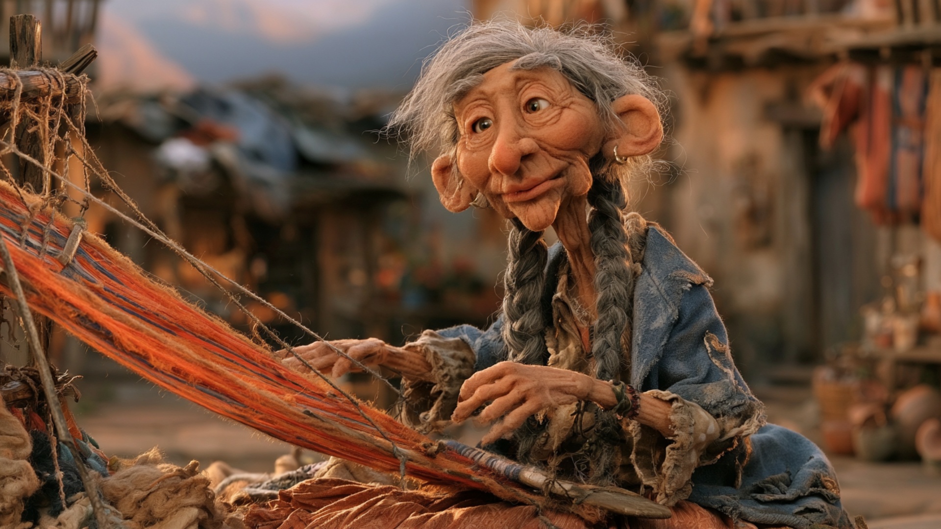 Her hands pass the shuttle through stretched threads, the loom threads vibrating taut, colorful y...