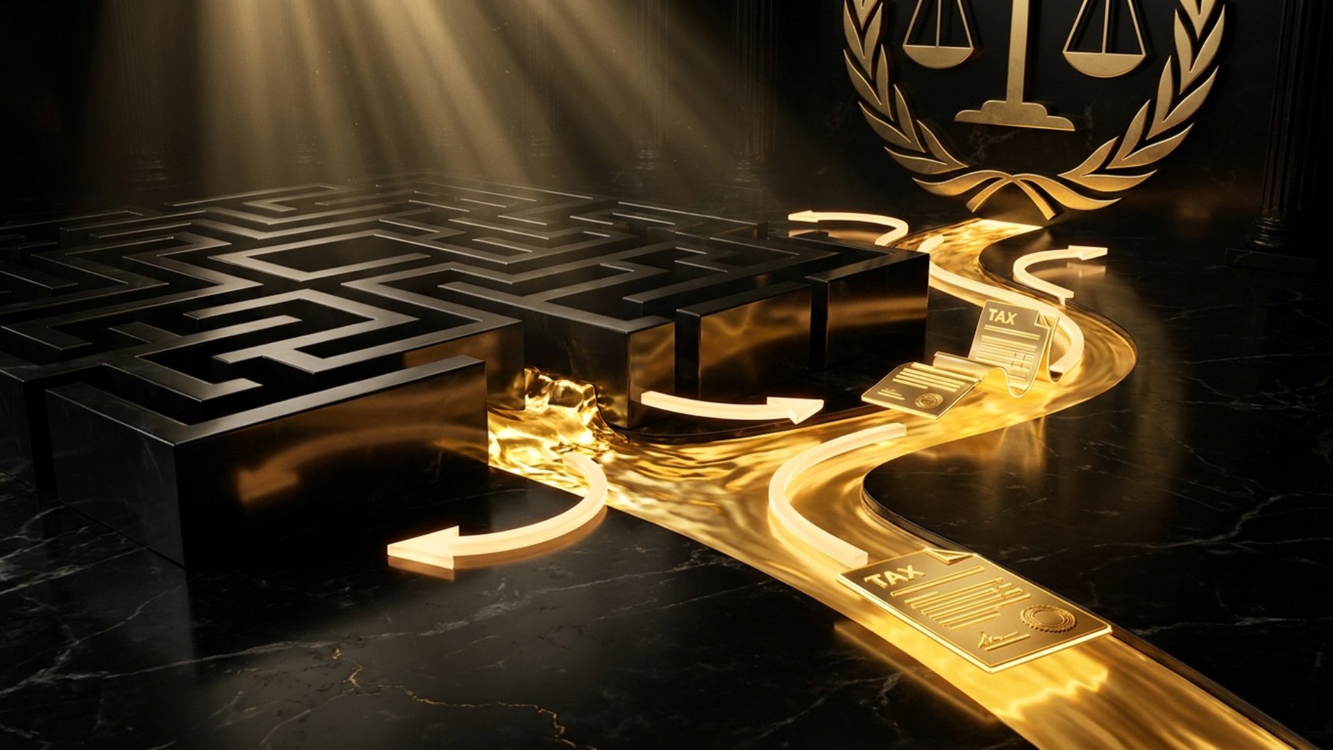 A luxurious black marble labyrinth slowly transforms into a perfectly straight glowing golden pat...