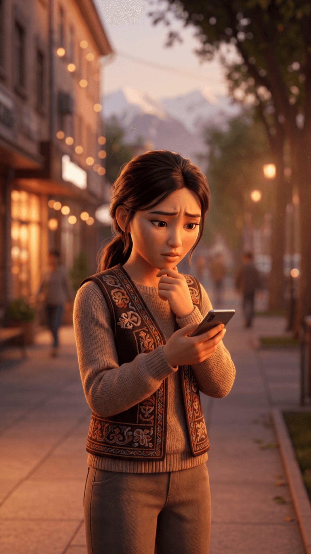 Animated stylized cinematic scene, 70% cartoon style, 30% realism, Pixar-style faces, soft styliz...