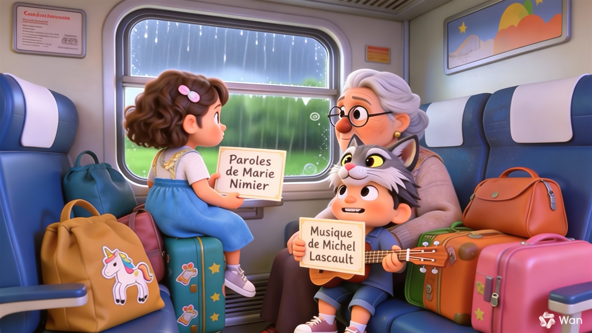 Le train avance sous la pluie, les enfants rangent les pancartes dans la valise.