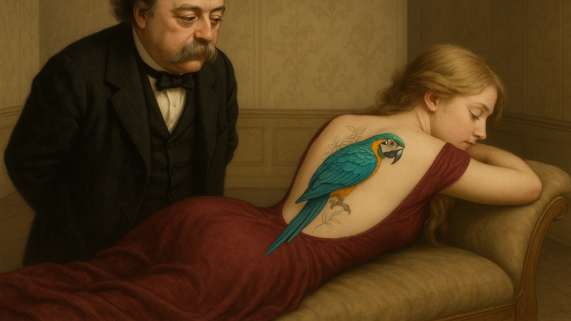 L'homme regarde attentivement le dos de la femme blonde, la femme se retourne, ils se sourient. .
