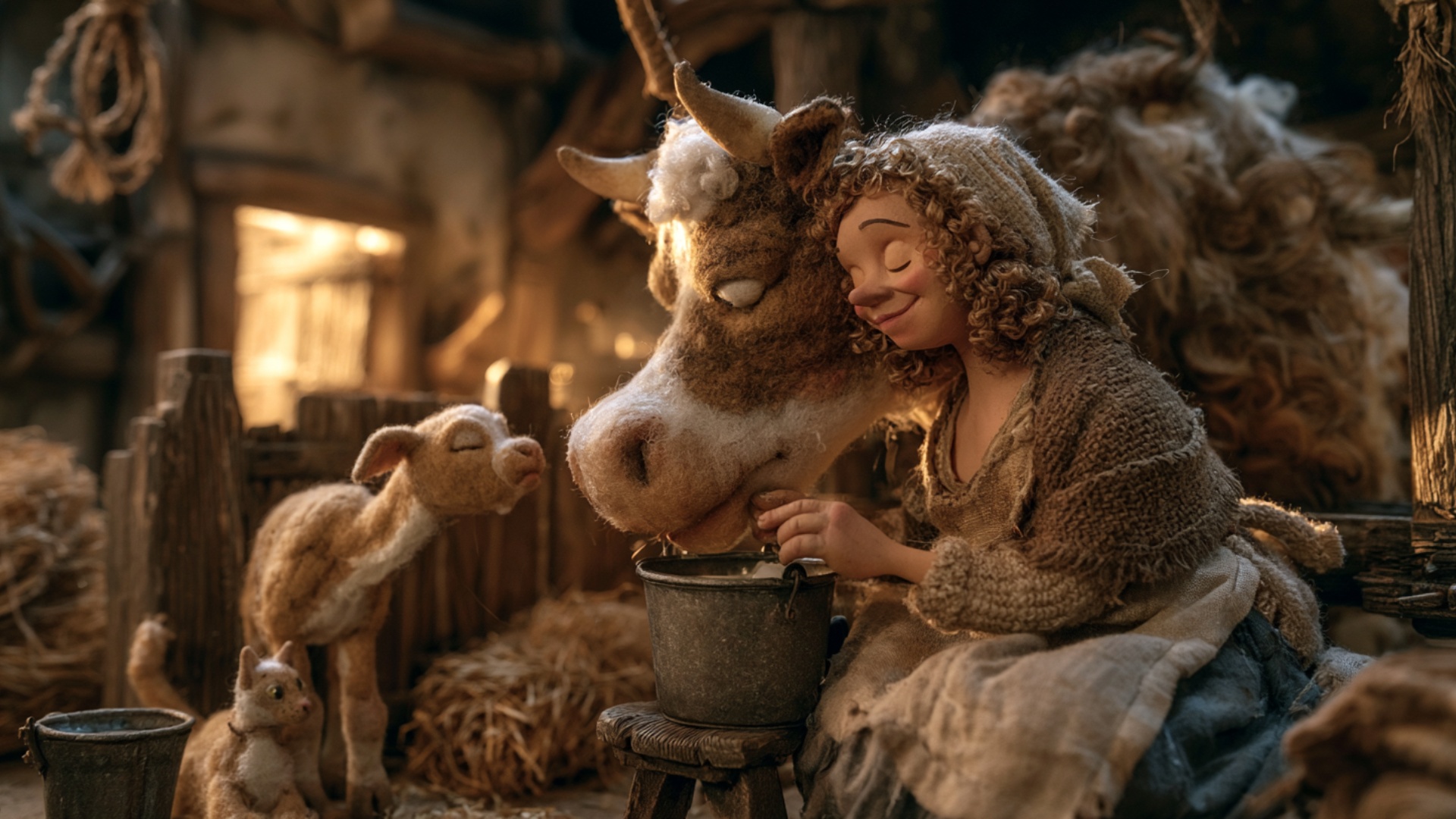 The woman performs continuous realistic milking motions with both hands for the full 5 seconds, c...