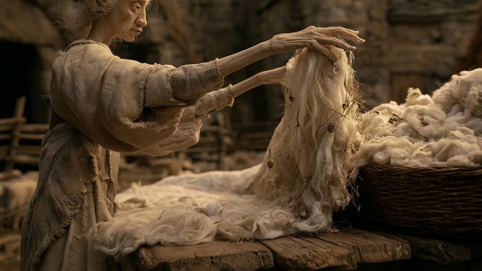 The hands raise the long edge of the freshly shorn fleece higher from the wooden table and shake ...