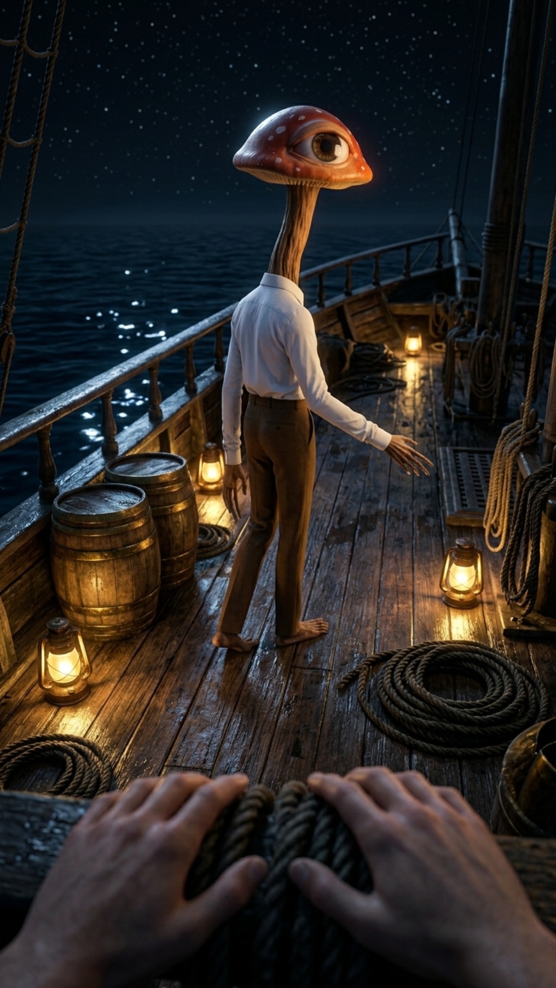 POV recorriendo suavemente la cubierta de un viejo barco abandonado durante la noche, siguiendo a...