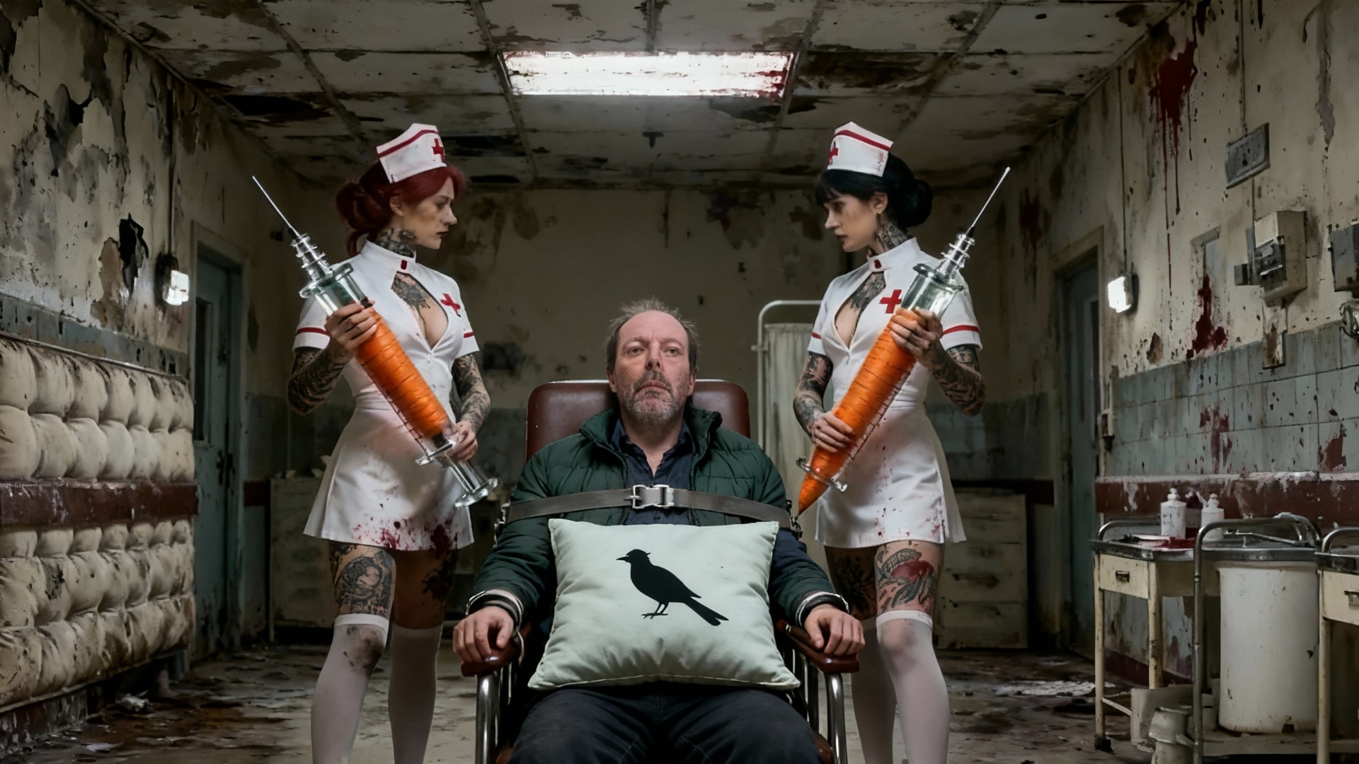 L'homme bienheureux dodeline de la tête. Les deux infirmières abaissent leur piqures.