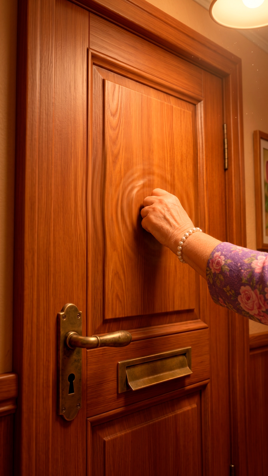 Close-up of the apartment door.

Loud knocking is heard.

The door slightly vibrates.

An e...