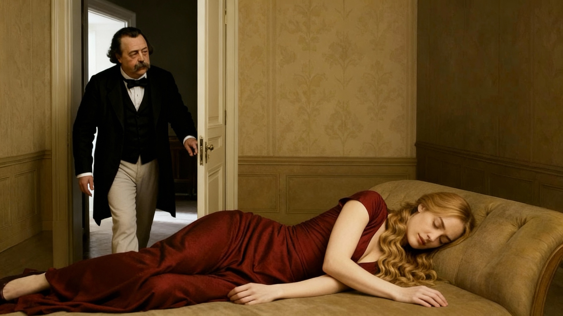 L'image se continue. L'homme essaie de réveiller la femme, mais elle est inanimée, comme morte.