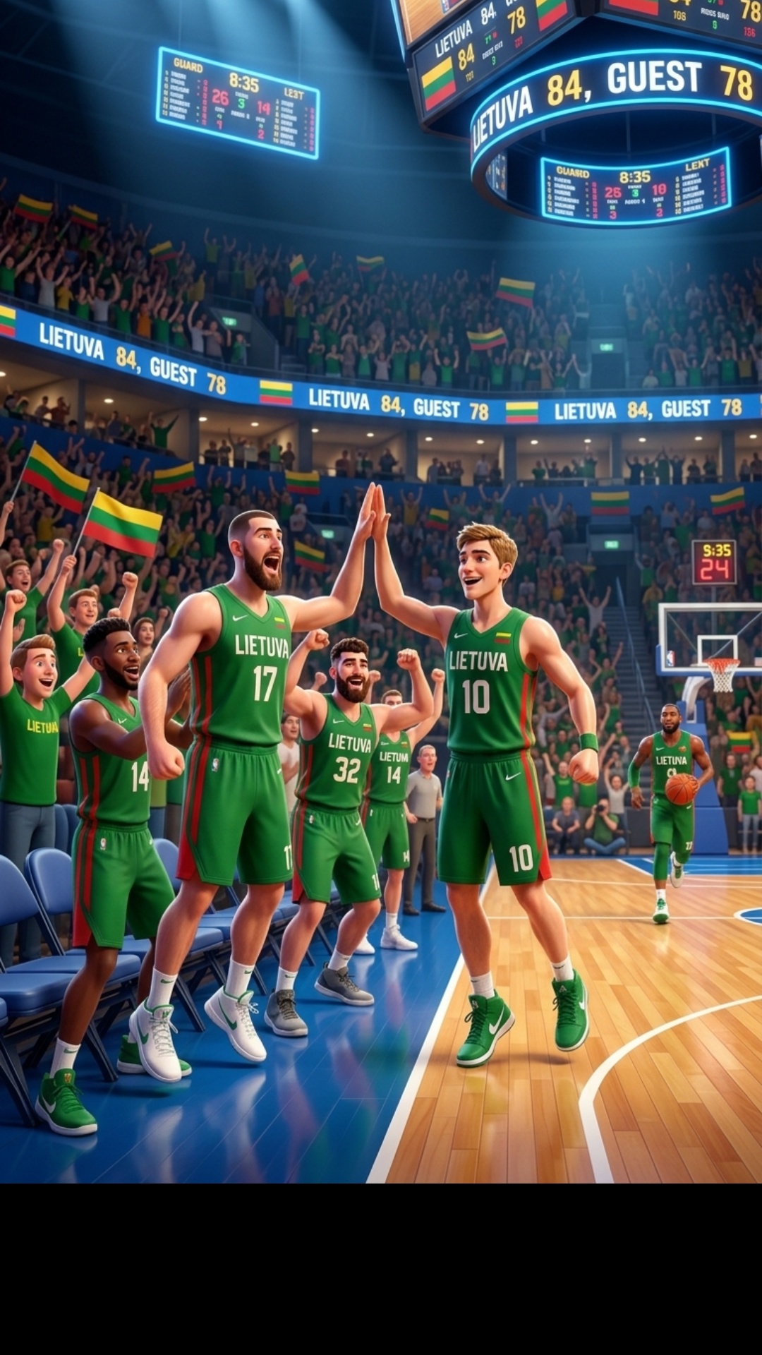 Art style: 3D Pixar.

Along the sideline beside the team bench in a modern championship arena, re...