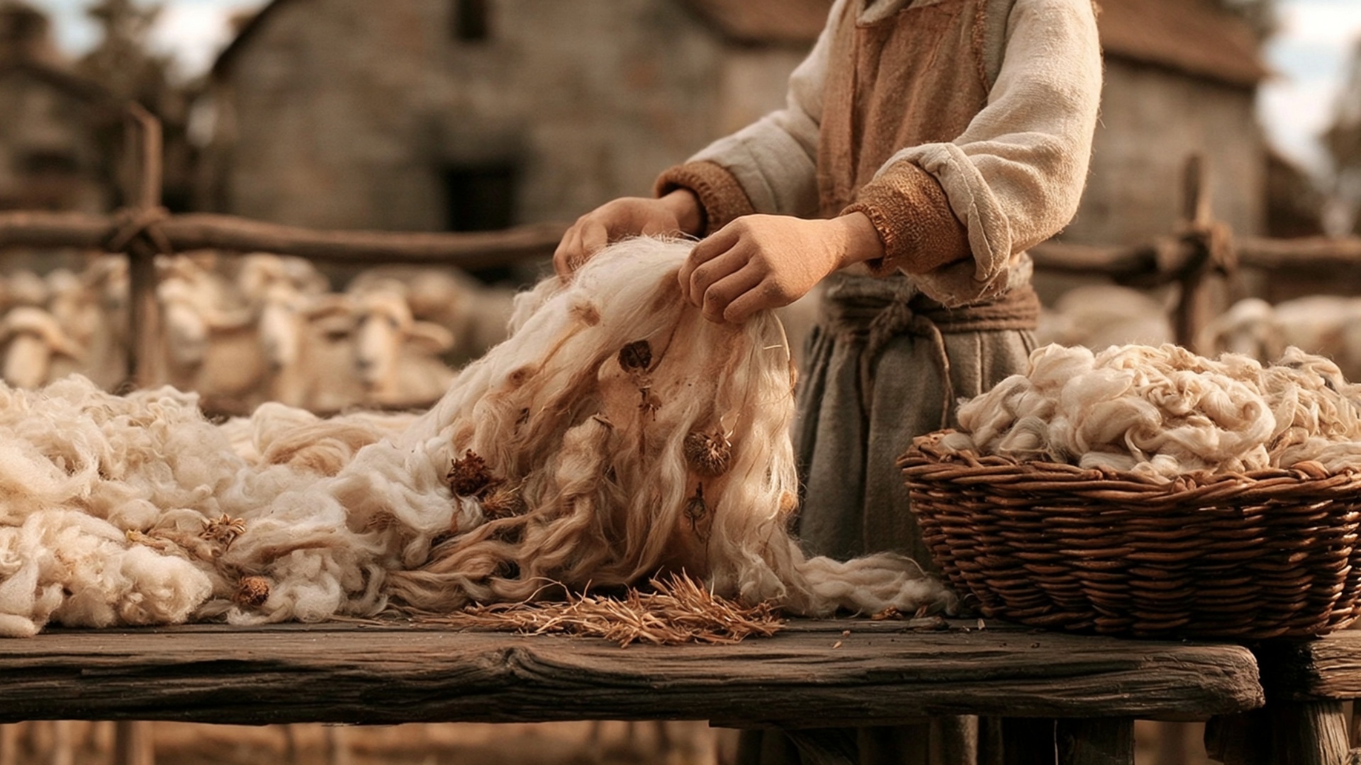The worker spreads the lifted fleece wider across the table, pulling the long wool fibers apart w...