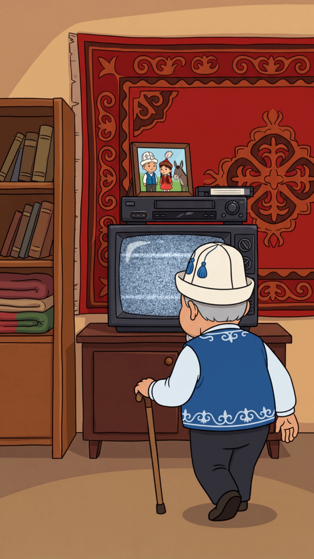 A 2D animated scene in the style of a 2000s Kyrgyz children's cartoon.

Setting:
Interior of a...