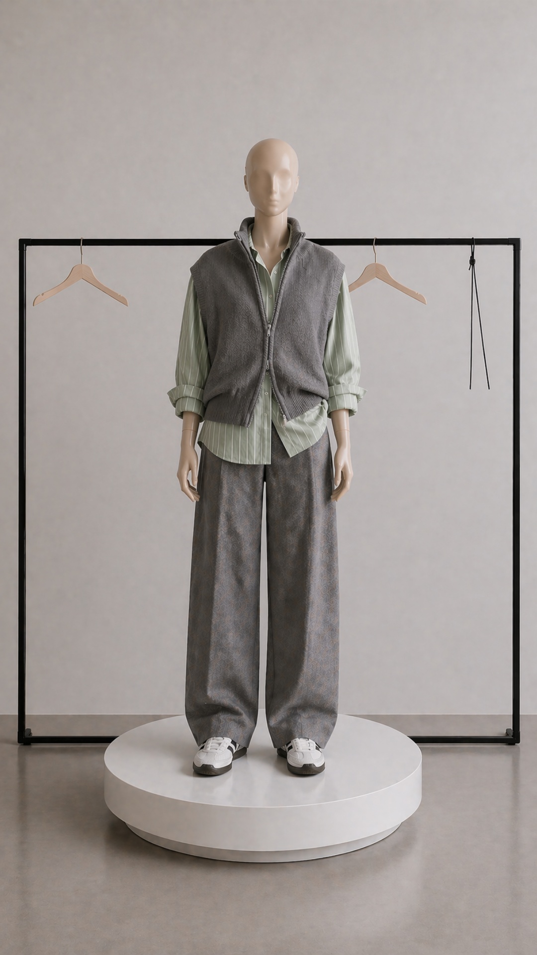 Minimalist studio scene in clean neutral tones. A faceless female mannequin made of matte nude-co...