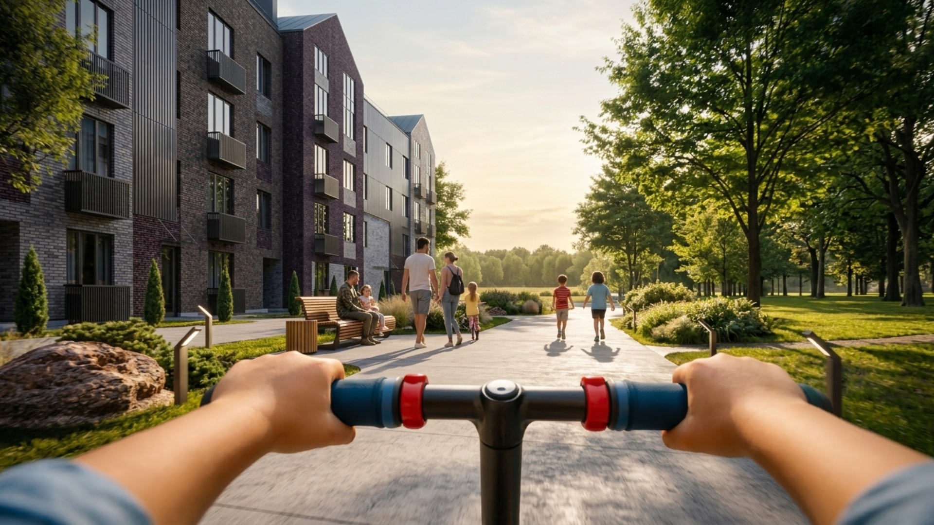 First-person perspective of a child riding a scooter along a sunny residential park pathway. The ...