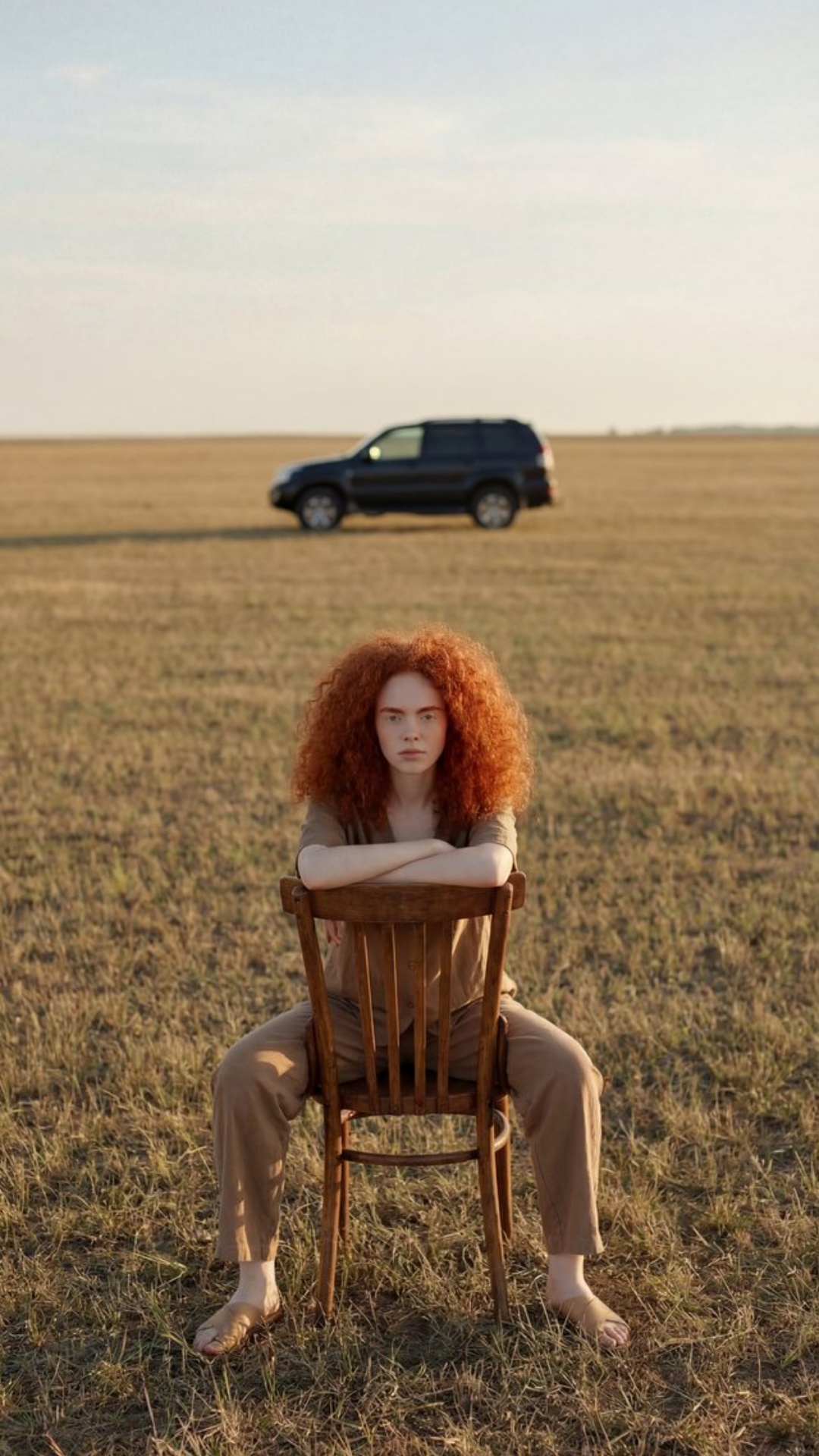 Cinematic medium-wide shot.

An AI-generated female character sits calmly on a simple chair in an...