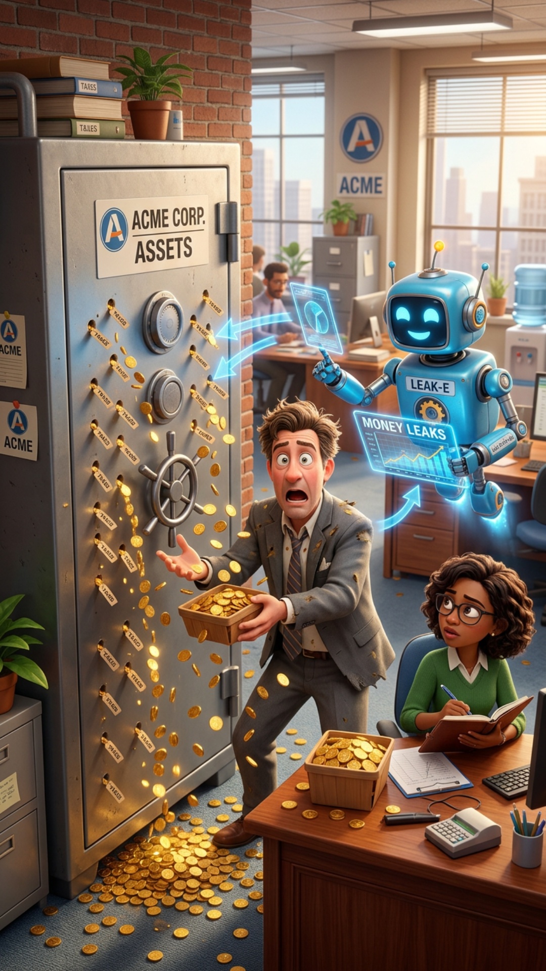 nside a modern colorful office, gold coins begin leaking from a company safe through tiny glowing...