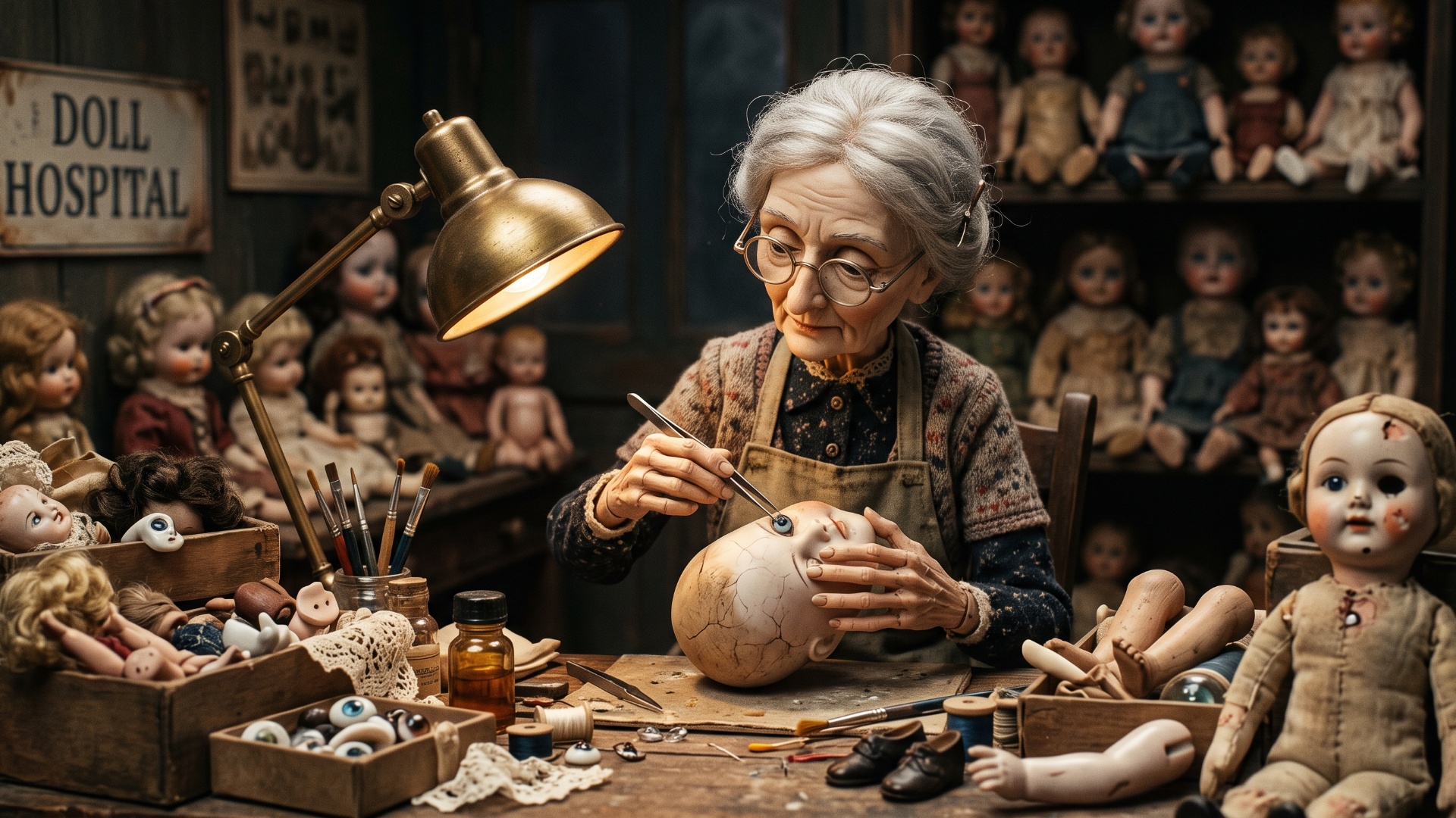 The elderly doll restorer carefully positions the tiny glass eye into the empty eye socket of the...