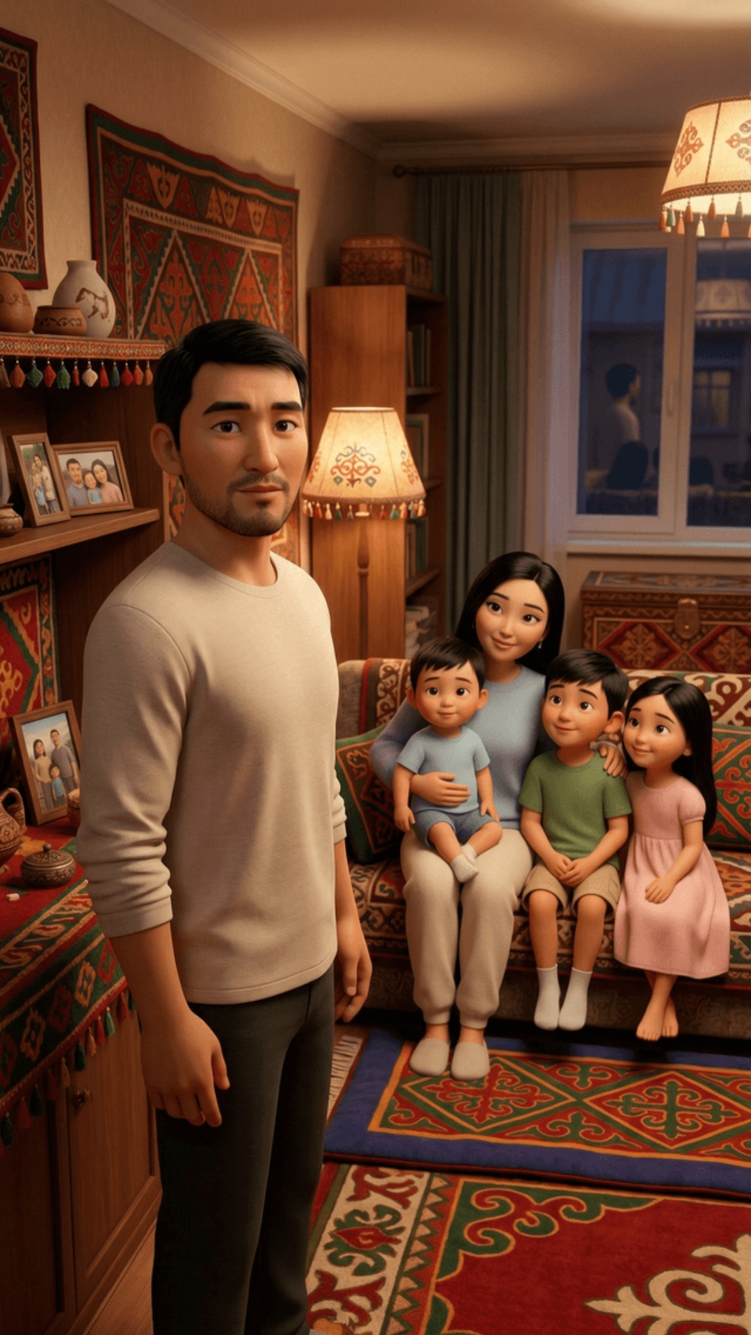 Cinematic 3D Pixar-style, vertical 9:16, warm cozy Kyrgyz apartment, all characters are Kyrgyz, n...