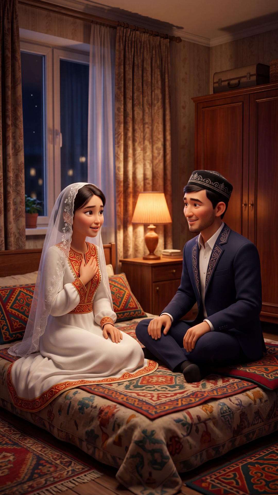 Pixar 3D animation, cinematic realism, vibrant warm colors.
Kyrgyz apartment, night. Warm lamp, w...