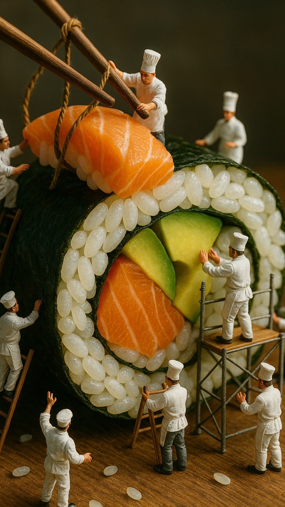 A whimsical, cinematic animation of a giant sushi roll being constructed by tiny chefs. The roll ...