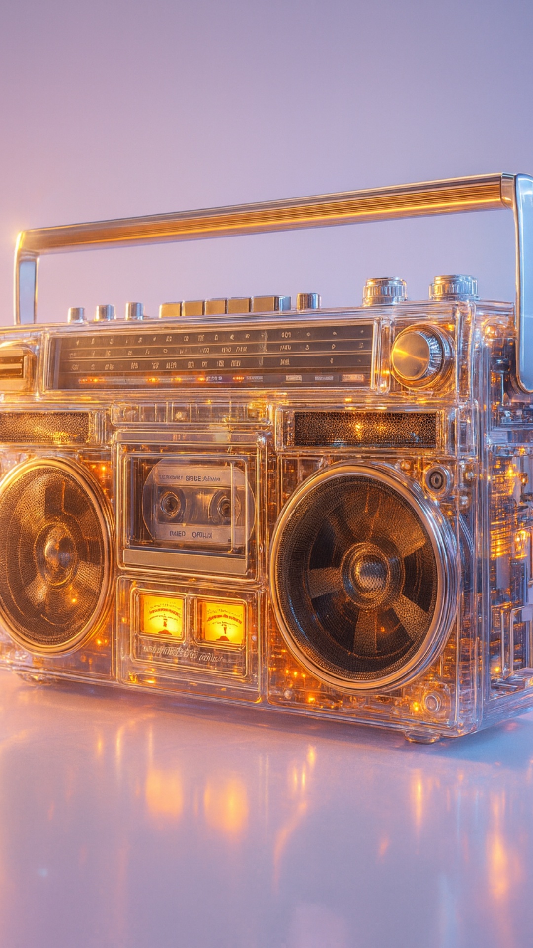 A cinematic rotation shot of a transparent retro boombox floating mid-air, crafted from clear acr...