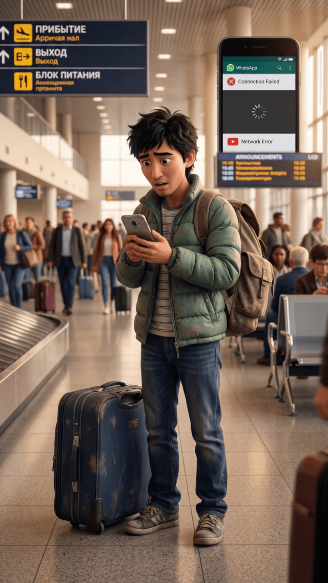 70% Pixar 3D animation 30% cinematic 4K, 9:16, 
warm golden lighting, Sheremetyevo airport Moscow...