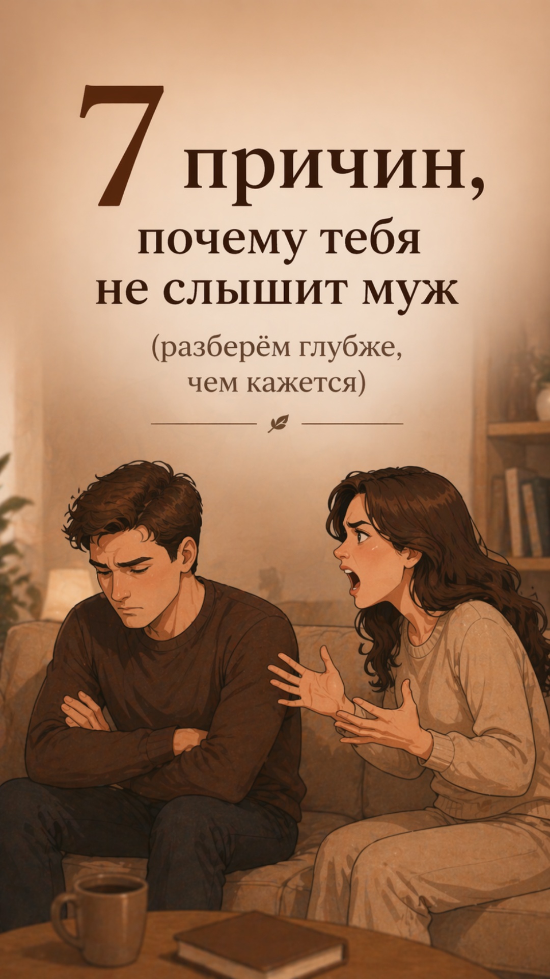 A young couple sitting on a couch in a cozy living room, warm soft lighting, emotional tension.
T...