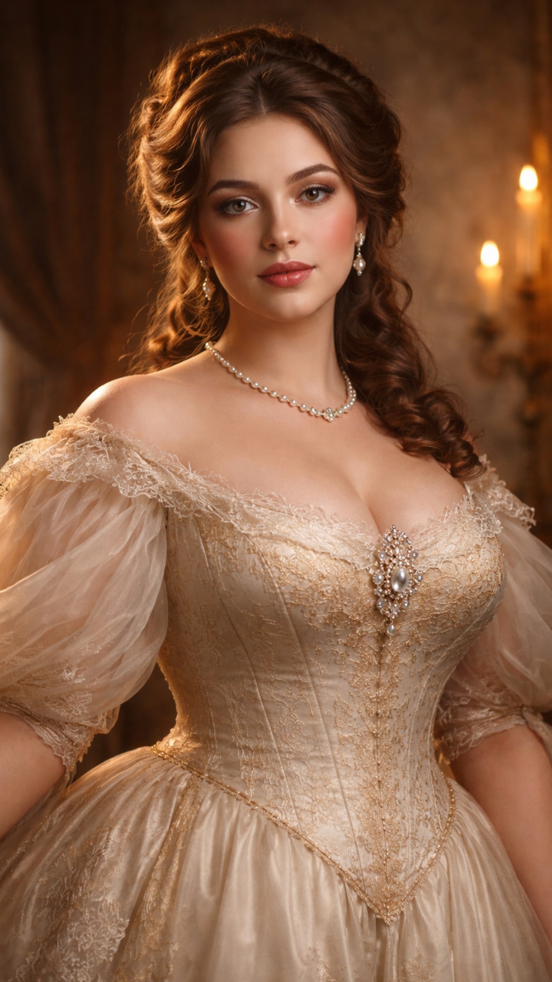 Elegant young woman in a luxurious historical cream dress stands in warm candlelight, then sudden...