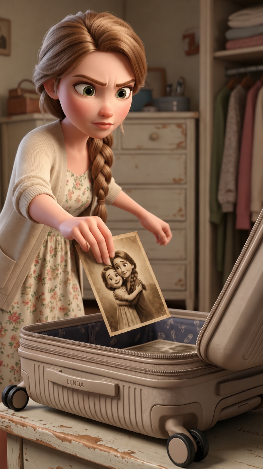 Evdokia suddenly throws the photograph into the suitcase. Evdokia: "А меня не развернут!" The sui...