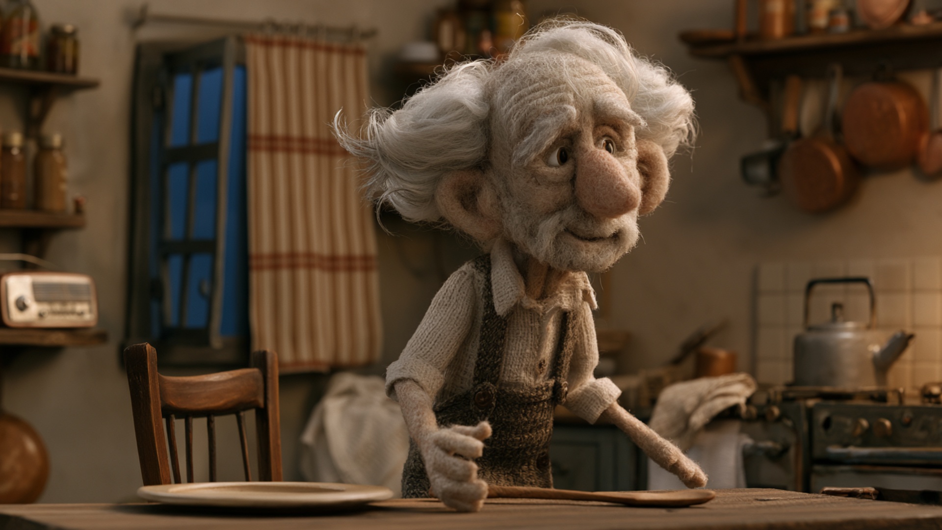 The elderly man hears a familiar song from the old radio. Starting from his existing pose, he slo...