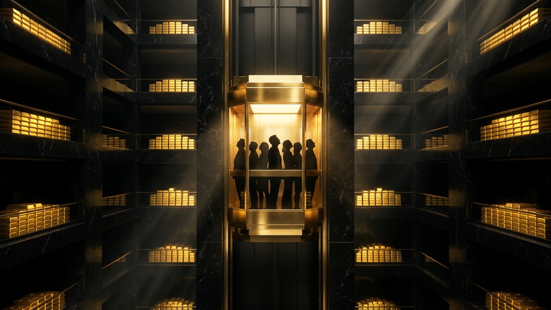 Inside a luxurious black financial tower, a massive golden elevator rises upward through illumina...