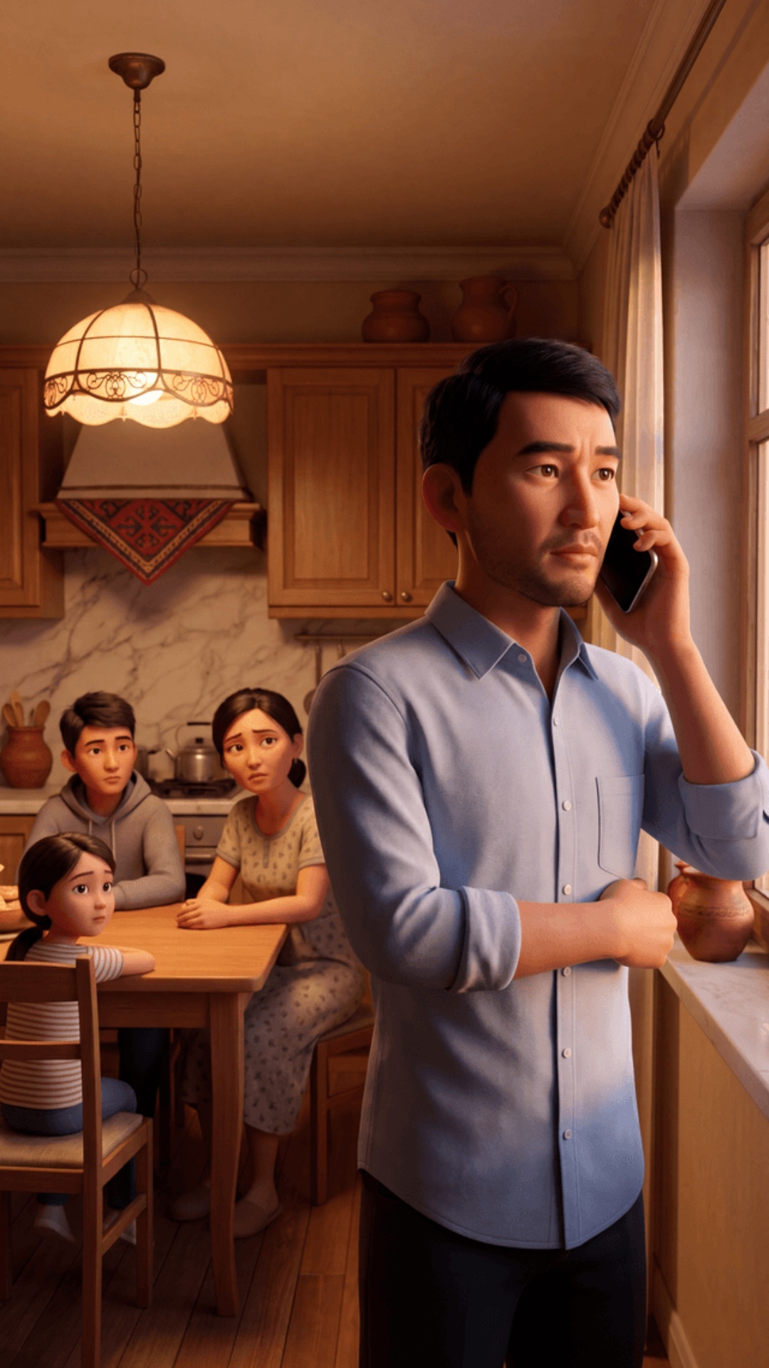 Animated stylized kitchen scene, 70% cartoon style, 30% realism, warm cozy lighting, same kitchen...