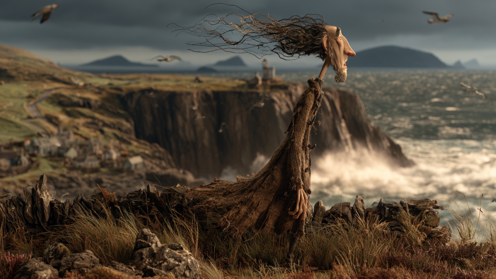 The man remains on the exposed coastal cliff and leans slightly into the powerful wind, then take...