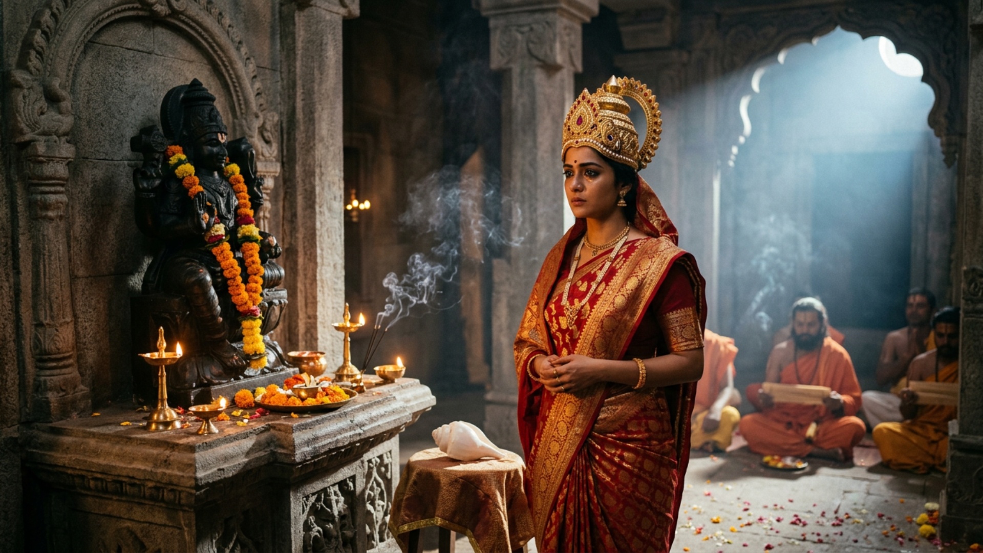 Ancient Indian queen inside grand temple chamber, same queen character throughout story, consiste...