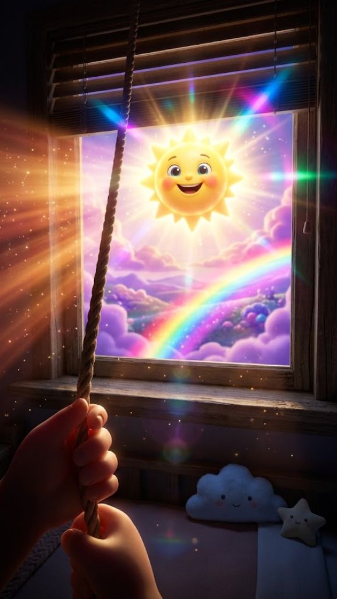 Niño amanece y abre ventana. Un sol adorable y hermoso se asoma dejando un paisaje onirico