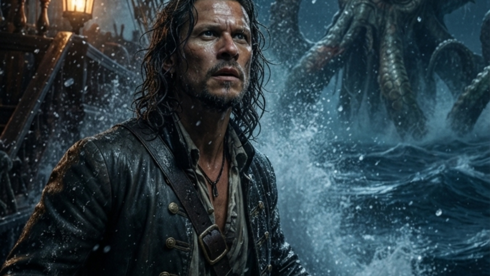 0-2s: Cinematic wide shot during a stormy night. The pirate captain stands braced on the wooden d...