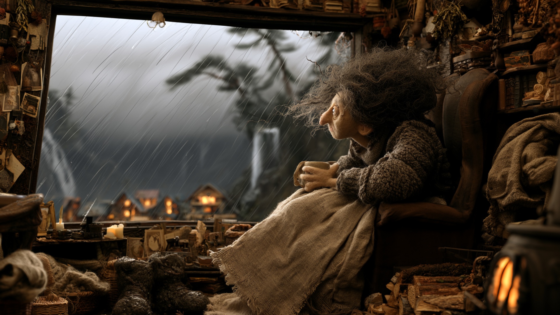 The woman remains curled comfortably in the chair beside the large open view, holding the warm cu...
