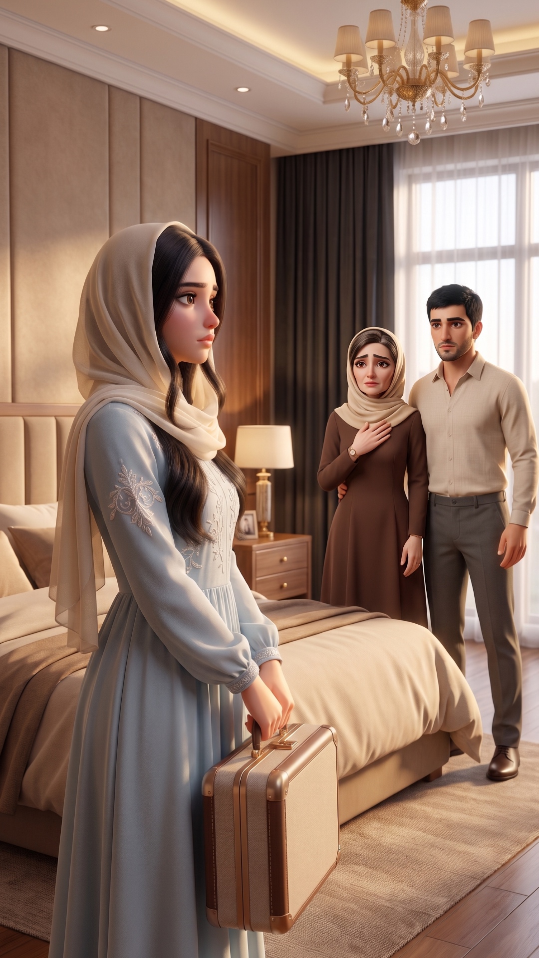 Animate this exact 3D animated scene in the same style, characters, clothing, bedroom environment...