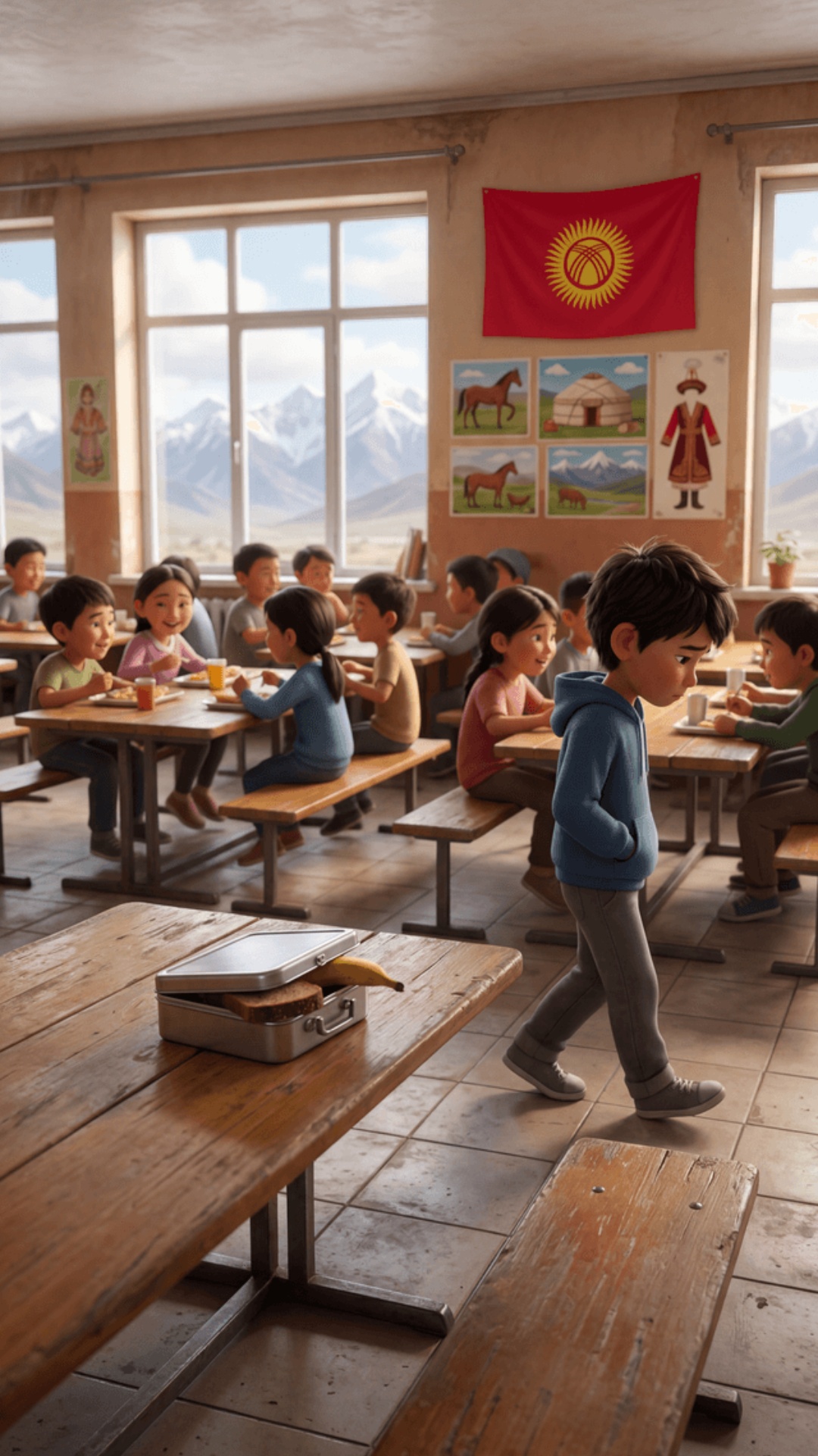 cinematic animated scene, 70% Pixar style, 30% realism, Kyrgyz school cafeteria, slightly worn in...