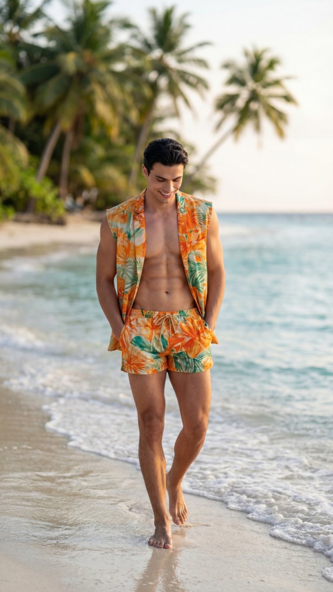 ultra realistic cinematic video of a young athletic man walking barefoot along a tropical beach s...