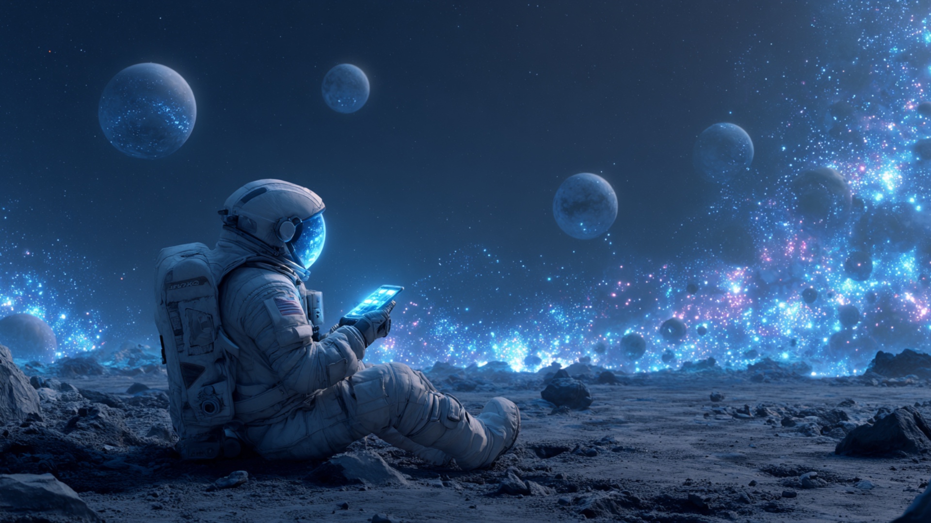 n the silence of deep space, an astronaut sits on a rocky surface, gently hovering weightless bey...