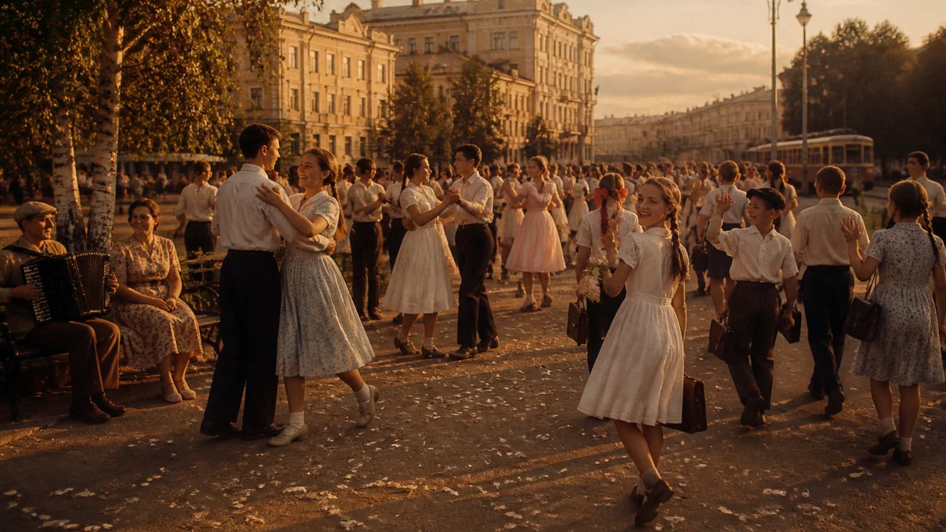 Cinematic realistic video animation of the provided static image. Moscow city center, June 1941, ...