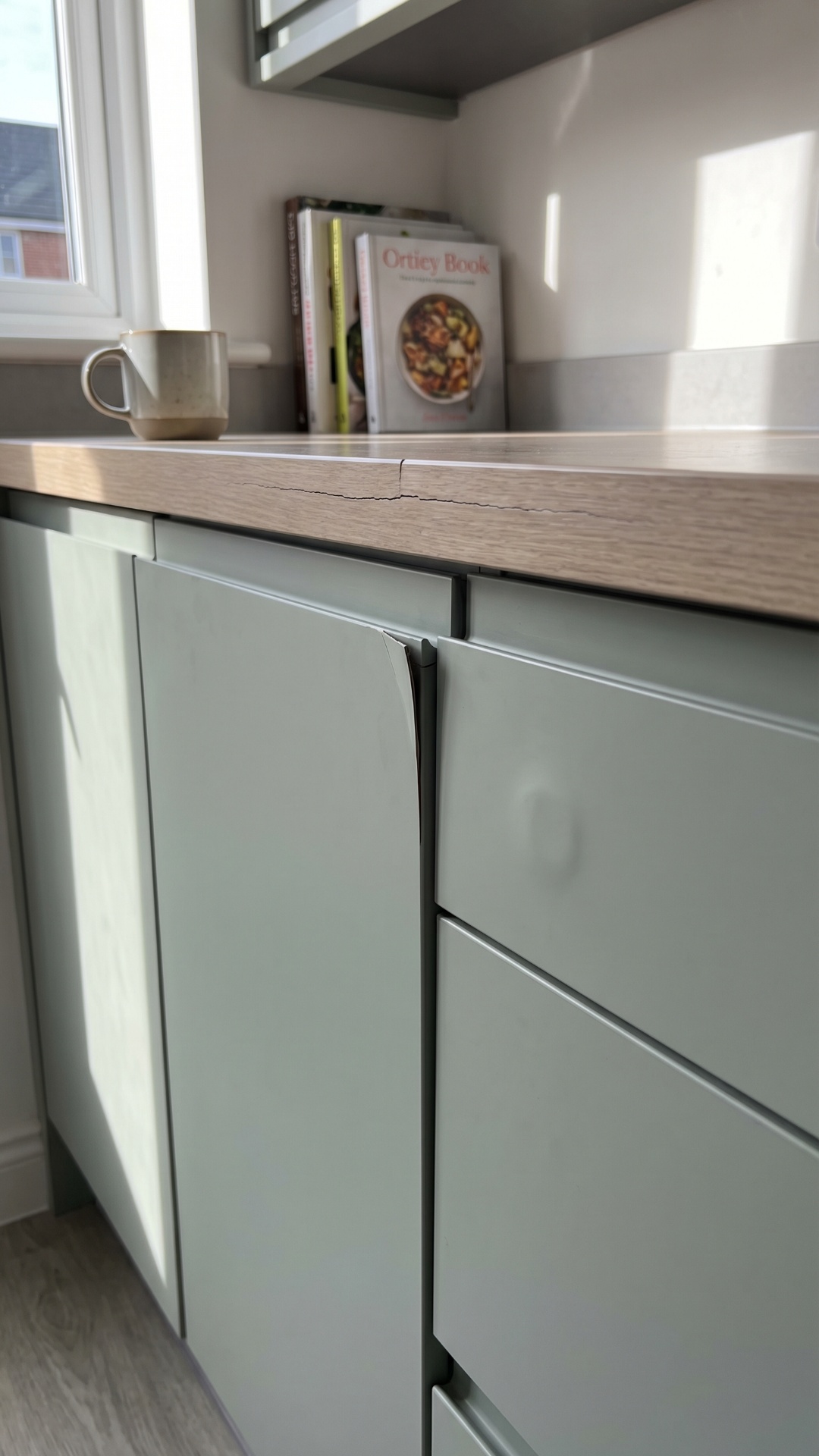 medium close-up of modern kitchen interior, focus on lower cabinets and countertop area, light ma...