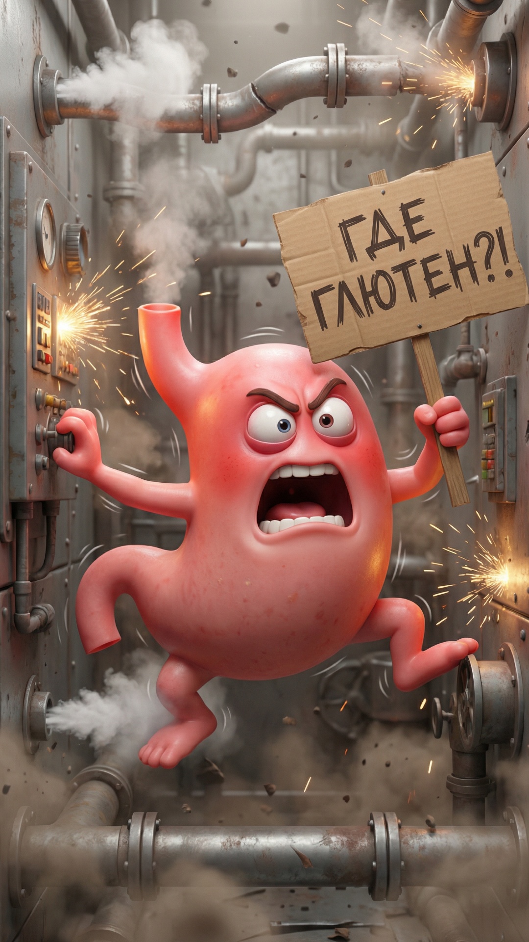 Камера трясётся handheld, создавая ощущение хаоса.
Желудок с транспарантом «ГДЕ ГЛЮТЕН?!» бьёт по...