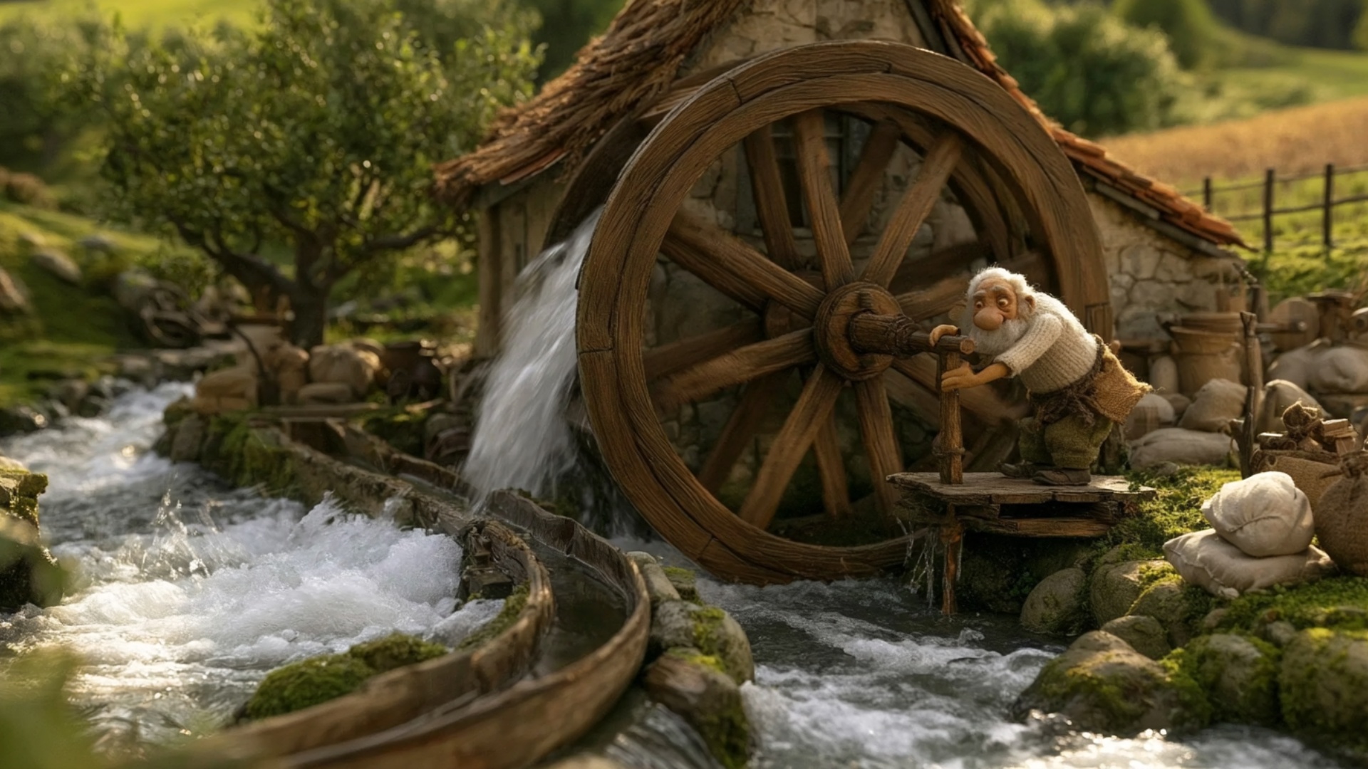 The large water wheel rotates continuously at a clearly visible working speed for the entire 5 se...