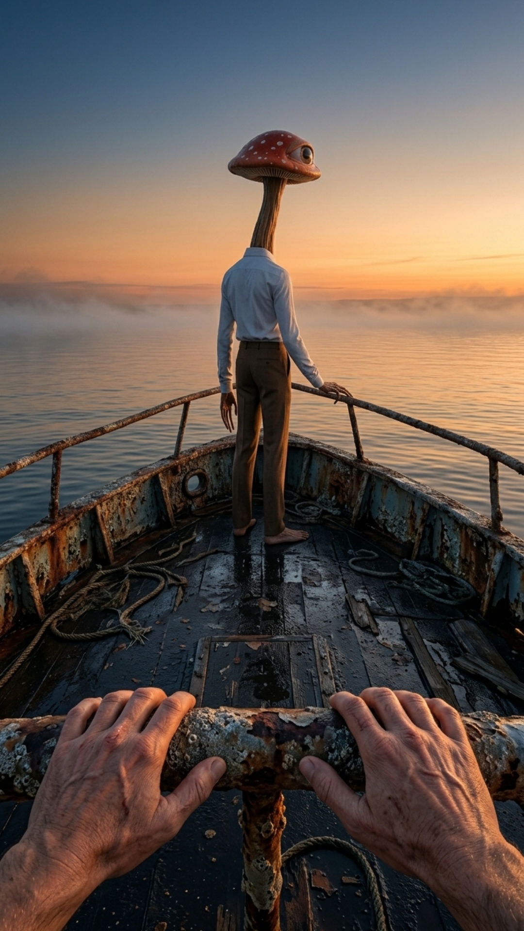 POV llegando lentamente a la proa de un viejo barco abandonado al amanecer junto a Antonio. La cá...