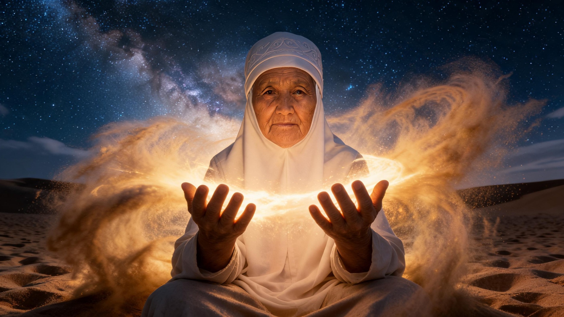 extremely slow push in toward the elderly woman face, golden particles swirling around her, she r...
