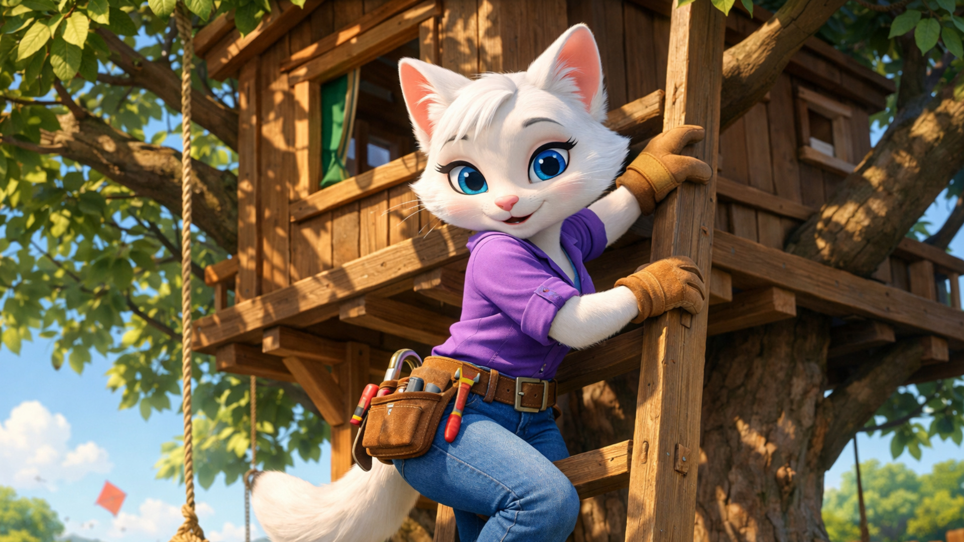 3d fluid expressive animation of an anthro female adult cat climbing down treehouse talking